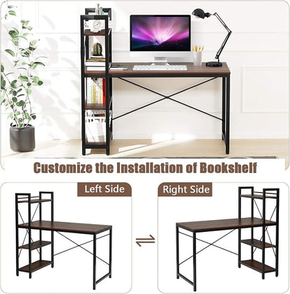 Tangkula Computer Desk with 4 Tier Shelves, Study Writing Desk with Storage Bookshelves, Modern Compact Home Office Workstation, 47.5" Tower Desk with Steel Frame & Adjustable Feet Pad, Teak