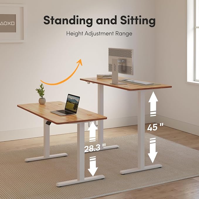 FAMISKY Height Adjustable Standing Desk, 40 x 24 Inch Electric Stand up Home Office Table, Sit Stand Desk Computer Workstation with Splice Board, White Frame & Light Rustic Brown Desktop