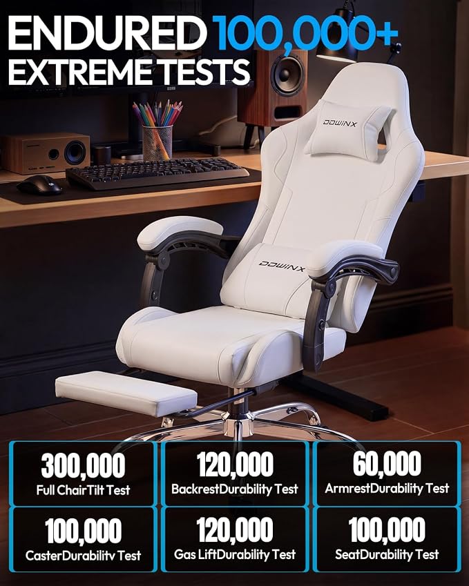 Dowinx Ergonomic Gaming Chair with Footrest & Massage Lumbar, 2D-Linkage Armrests for Computer Chair 330lbs with Headrest Pillow for Office, Home, Streaming and Long Gaming Sessions, Fabric Pure White