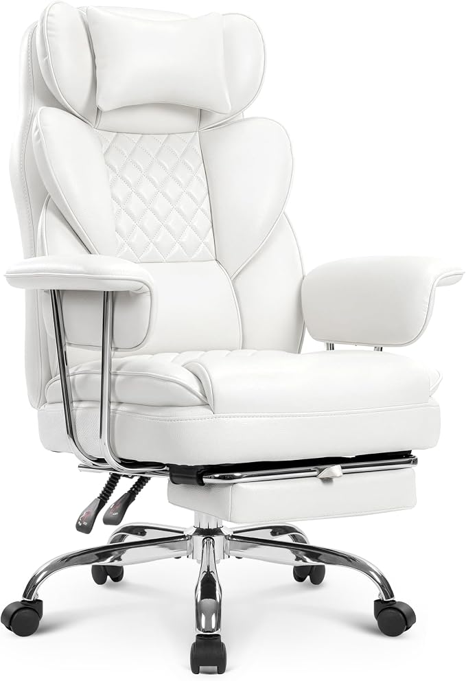 NEO CHAIR Big and Tall Office Chair Gaming Computer Chair High Back Heavy Duty Desk Chai with Lumbar Support Adjustable Recliner Footrest Wide Seat Leather Executive Home with Wheels (Leather White)