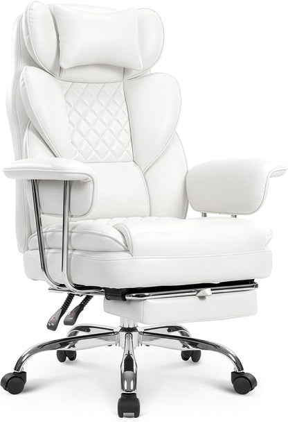 NEO CHAIR Big and Tall Office Chair Gaming Computer Chair High Back Heavy Duty Desk Chai with Lumbar Support Adjustable Recliner Footrest Wide Seat Leather Executive Home with Wheels (Leather White)