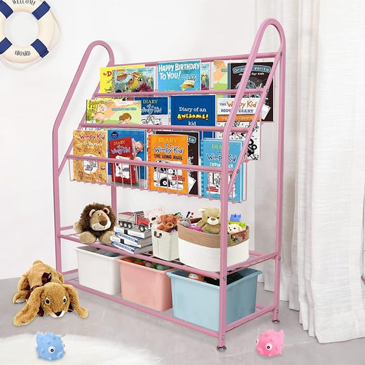 aboxoo Metal Kids Bookshelf Pink Bookcase Freestanding for Children Girls Room 32 inches Large Toddler Pink Stable Bookcase Bookstore Library Book Unit Storage