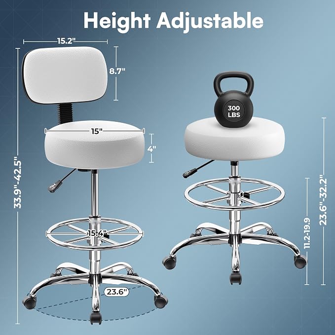SUPERJARE Drafting Chair with Back, Adjustable Foot Rest Rolling Stool, Multi-Purpose Office Desk Chair, Thick Seat Cushion for Home Bar Kitchen Shop - White