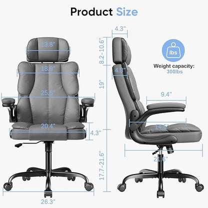Kensaker Ergonomic Executive Office Chair with Adjustable Headrest & 90° Flip-Up Arms, High Back PU Leather Computer Desk Chair with 135° Rocking & Double Padding for Home Office Comfort, Gray