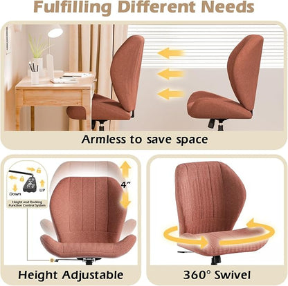 ZZW Criss Cross Chair with Wheels, Wide Cross Legged Office Chair Armless Comfy Desk Chair with Tall Back Vanity Chairs with Stress Relief Curved Design Seat for Bedroom & Office & Home Red Orange
