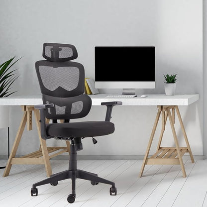 JOMEED High Upholstered Back Mesh Swivel Chair Adjustable Height Arm Rest Rolling Seating with Lumbar and Head Support for Homes or Offices, Black