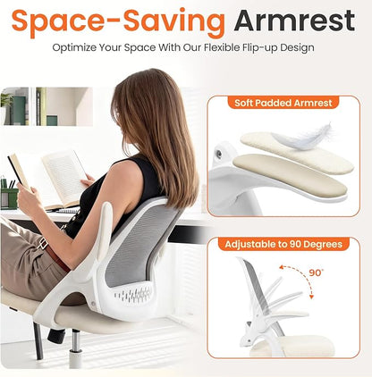 NEO CHAIR Office Chair Computer Desk Chair Ergonomic Gaming Comfy Mesh with Flip-up Arms Lumbar Support Adjustable Height Rolling Wheels for Home Office (Ivory)