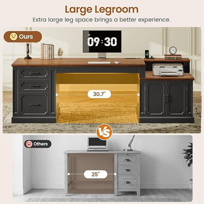 SEDETA Farmhouse 70.9" Executive Desk, Home Office Desk with File Drawers and Storage Cabinet, Computer Desk with Power Outlet for Home Office, Work Study Writing, Black+Brown
