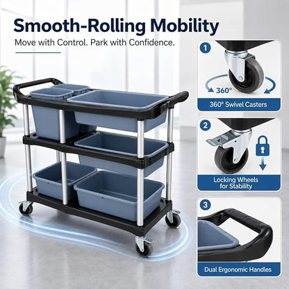 3 Tier Utility Cart Heavy Duty 330lbs Capacity Rolling Service Cart Utility Carts with Wheels Storage Cart Restaurant Supplies Great for Hotel,Kitchen,Laundry Room,Siz:41x18.3x37