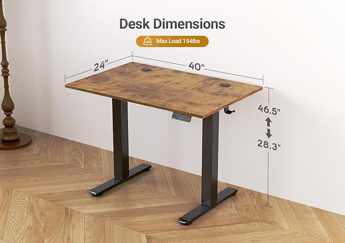 Seang Electric Standing Desk Adjustable Height, 40 x 24 Inch Sit Stand Desk with T-Shaped Frame, 3 Memory Presets & Cable Management for Home Office Computer Workstation, Black Frame/Rustic Brown Top