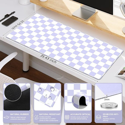 iCasso Desk Pad Mat, Desk Matt for Desktop, Cute XXL Large Mouse Pad, Anti-Slip Big Mousepad with Stitched Edges, Keyboard Pad Mouse Mat for Computer (Purple Checkered)