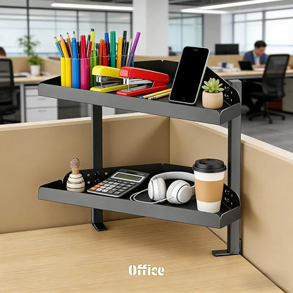 CanKing Corner Desk Clamp Shelf 16 Inch 2 Tier Adjustable Storage Rack | Sturdy metal organizer saves space, fits securely on or under corner of table for office, gaming & cubicle