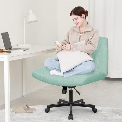 Orange Factory Criss Cross Chair Wheels Wide Cross Legged Office Desk Vanity Chair Comfy Fabric Armless Adjustable Swivel for Home Computer Task (Mint Wheel, Fabric)