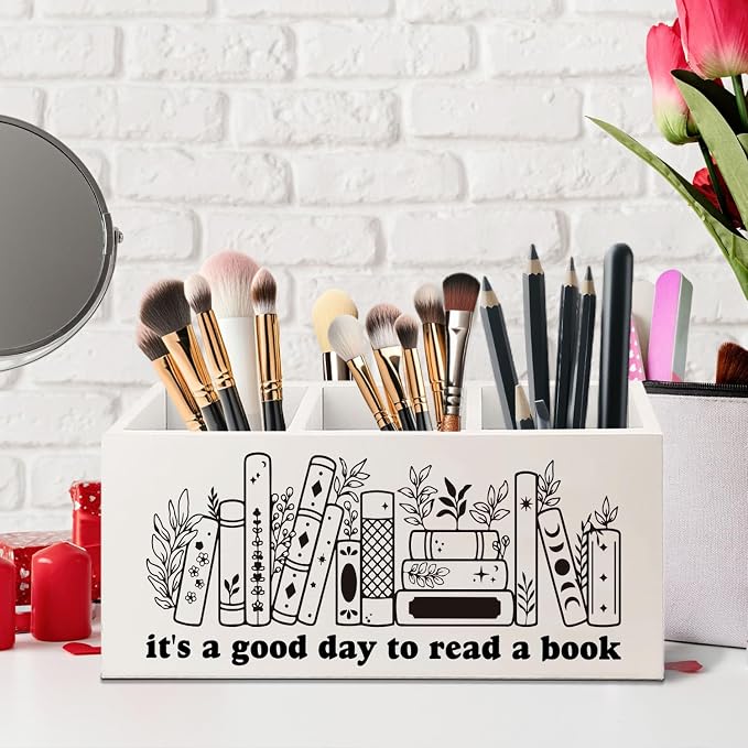 Bookmark Holder Decor Wooden Pen Pencil Holder for Desk, Book Club Gifts It's a Good Day to Read a Book Wood Makeup Brush Toothbrush Holder Organizer for Reading Corner Bedroom
