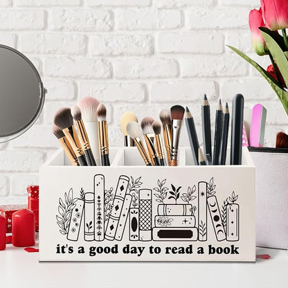 Bookmark Holder Decor Wooden Pen Pencil Holder for Desk, Book Club Gifts It's a Good Day to Read a Book Wood Makeup Brush Toothbrush Holder Organizer for Reading Corner Bedroom