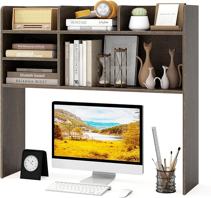 GOFLAME 6 Shelves Desktop Bookshelf, 37” Desk Hutch Dorm for Computer Monitor Up to 32”, 3-Tier Countertop Display Rack, Wood Desk Storage Organizer Shelf for Home Office, Study, Gray