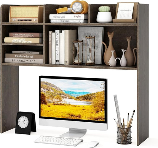 GOFLAME 6 Shelves Desktop Bookshelf, 37” Desk Hutch Dorm for Computer Monitor Up to 32”, 3-Tier Countertop Display Rack, Wood Desk Storage Organizer Shelf for Home Office, Study, Gray