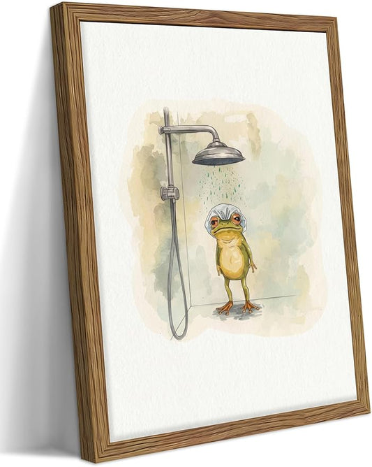 Framed Funny Frog Canvas Wall Art, Cute Frog Showering in Bathroom Canvas Prints, Whimsical Watercolor Cartoon Painting, Modern Minimalist Wall Decor for Bathroom Toilet Washroom 12x16in