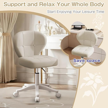 Vanity Chair with Back – Small Armless Office Chair with Wheels, Lumbar Support, PU Leather, Adjustable Height, 360° Swivel for Home, Bedroom, Office White Set of 2