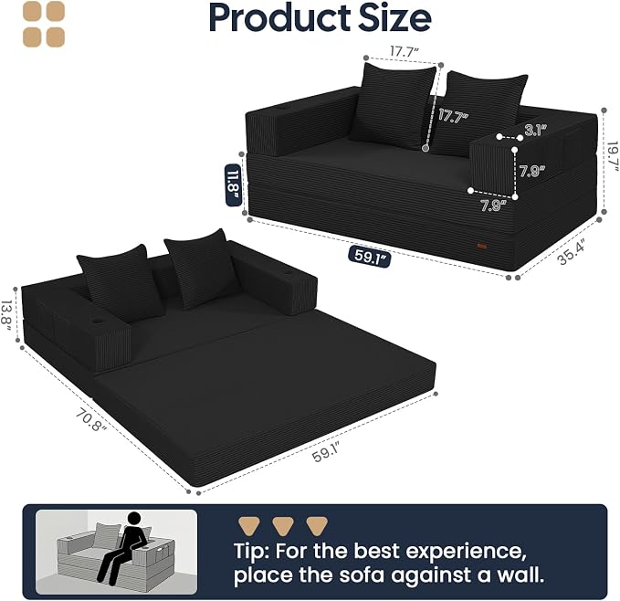 COMAX Futon Sofa Bed, 4‑in‑1 Convertible Sofa Bed, Folding Boneless Couches | Boneless Couch for living room, Fold Out Small Foldable Loveseat Floor Sleeper Mattress Lounge Space‑Saving, Black
