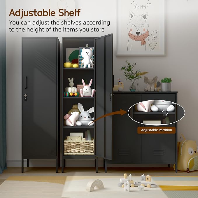Metal Lockable Storage Cabinet with Adjustable Shelves(Black) | Locking Storage Cabinet with Door for Kitchen Pantry Home Office School Gym Garage