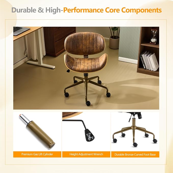 VINGLI Wide Comfotable Swivel Home Office Chair with Wood-Grain Curved Shell,Ergomomic Mid-Back Padded Armless Modern Desk Chair with Wheels,Height Adjustable for Computer,Task,Work,Microfiber,Rustic