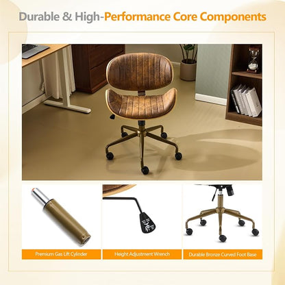 VINGLI Wide Comfotable Swivel Home Office Chair with Wood-Grain Curved Shell,Ergomomic Mid-Back Padded Armless Modern Desk Chair with Wheels,Height Adjustable for Computer,Task,Work,Microfiber,Rustic