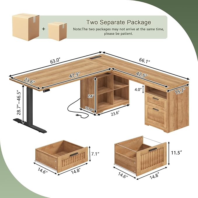 YOMILUVE Fluted L Shaped Standing Desk, 66 inch Corner Electric Standing Desk with Drawers ＆ Storage Shelves, Height Adjustable Computer Desk with Power Outlets for Home Office (Oak)
