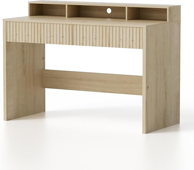 EYYTHUNG Fluted Executive Desk with Storage Shelf, 47" Modern Wood Home Office Desk with Long Monitor Stand & 2 Drawers, Writing Study Computer Table Vanity Desks, Light Oak