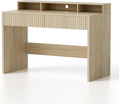 EYYTHUNG Fluted Executive Desk with Storage Shelf, 47" Modern Wood Home Office Desk with Long Monitor Stand & 2 Drawers, Writing Study Computer Table Vanity Desks, Light Oak