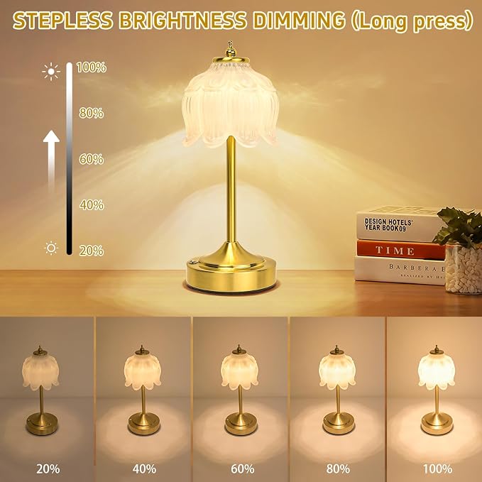 Cordless Lotus Flower Table Lamp, 5200mAh Rechargeable Battery Operated Portable Lamp, 3-Color Dimmable Touch Control Small Desk Lamp for Bedroom, Office, Kitchen, Nightstand,Room Decor(White)
