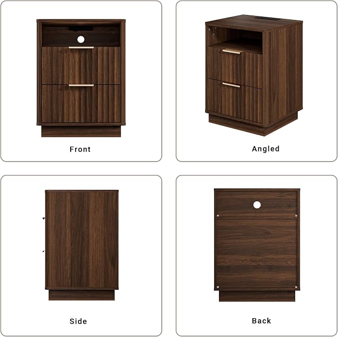 Fluted Nightstand, Walnut Night Stand, 2 Drawers Nightstand with Charging Station, Wooden End Table with Storage, Modern Bedside Table for Bedroom Sofa Home Office, Curved Corners Design