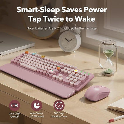 Wireless Keyboard and Mouse Combo, Full-Size Typewriter-Style Keyboard with Round Keycaps, Magnetic Wrist Rest, Tilt Legs, 2.4GHz Cordless for Mac, Windows PC, Laptop, SABLUTE CK23, Dusty Rose