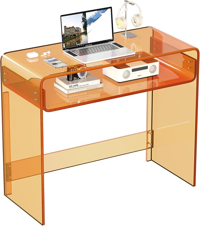 Acrylic Office Desk, Modern Laptop Writing Study Table with Open Storage, Orange Console Entryway Table, 33.5" L x 15.8" W x 29.5" H, for Home, Bedroom