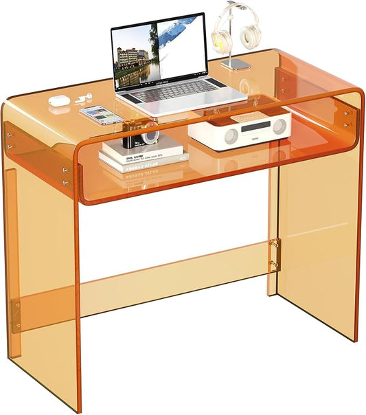 Acrylic Office Desk, Modern Laptop Writing Study Table with Open Storage, Orange Console Entryway Table, 33.5" L x 15.8" W x 29.5" H, for Home, Bedroom
