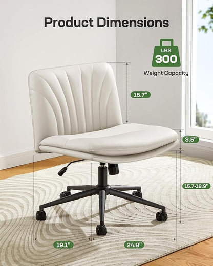 Marsail Criss Cross Office Chair with Wheels, Armless Wide Desk Chair for Active Sitting, PU Leather Cross Legged Chair for Home Office, Pet-Friendly & Easy Clean, Beige