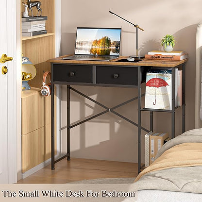 DAOUTIME Small Computer Desk, 36 Inch Writing Desk with Drawers & Storage Shelves, Home Office Writing Desk for Small Spaces, Bedroom, Living Room, Dorm, Rustic Brown