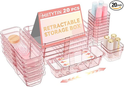 20 Pcs Adjustable Clear Drawer Organizer, Extendable Vanity Storage Bins, Desk Drawer Organizer Set for Makeup, Cosmetics, Bedroom, and Gadgets, Pink