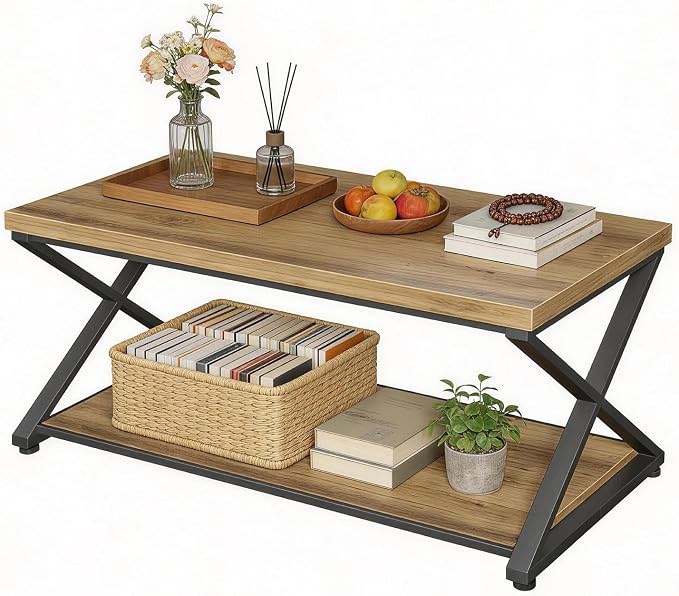 Coffee Table with Storage, 2 Tier Farmhouse Center Table, Rectangle Cocktail Tea Table for Living Room Bedroom, Rustic Brown,39Inch