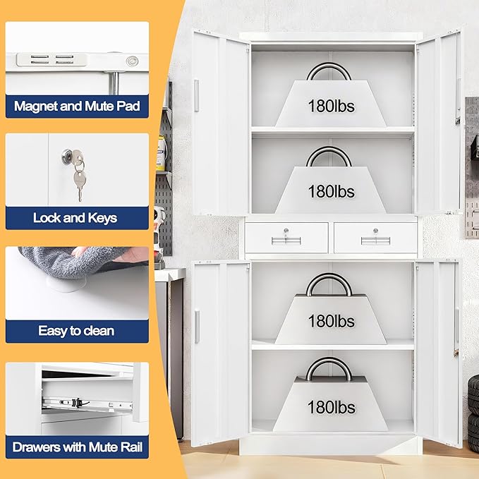 Wanfu Metal Storage Cabinet, Locking Storage Cabinet with Adjustable Shelves and 2 Drawers, 16" D x 32" W x 71" H Steel Cabinets for Office, Garage, Home, Classroom, Utility Room(White)