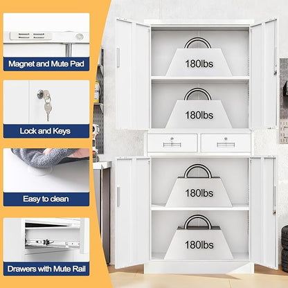 Wanfu Metal Storage Cabinet, Locking Storage Cabinet with Adjustable Shelves and 2 Drawers, 16" D x 32" W x 71" H Steel Cabinets for Office, Garage, Home, Classroom, Utility Room(White)