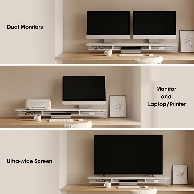 Fenge Acrylic Monitor Stand Riser, 42.5 Inches Dual Monitor Stand with Metal Storage, 2 Tier Acrylic Computer Riser for Desk, Clear Laptop Stand for PC, Laptop, Printer, TV, White