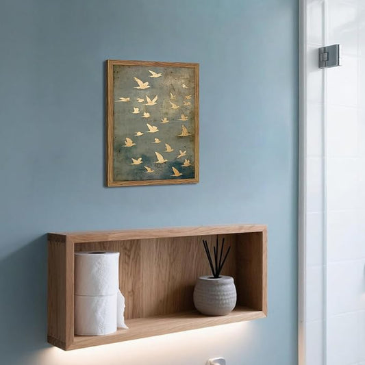 Framed Flock of Birds Canvas Wall Art, Vintage Minimalist Abstract Landscape Painting, Neutral Gold Birds Spiritual Wall Decor, Modern Aesthetic Pictures for Bedroom Living Room 16x24 inch