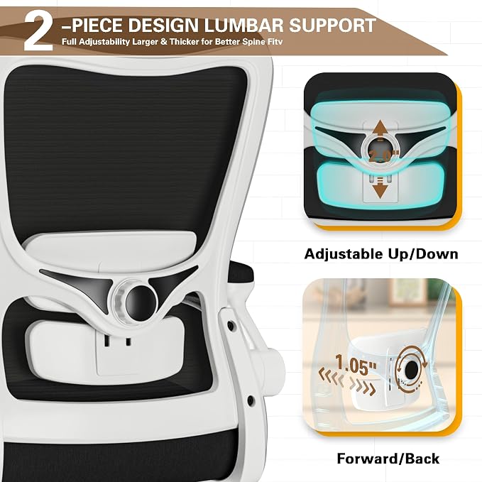 Ergonomic Office Chair for Long Hours, Padded Lumbar Support for Lower Back Relief, 330 lb Capacity, Comfortable Computer Desk Chair for Home Office, Computer & Study