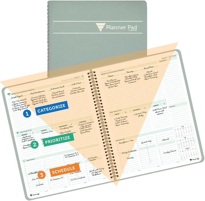 Planner Pad Spiral Bound July 2026 – June 2027 / Academic Year 8 1/2" x 11" Large 3-Tier Funnel Down 12 Month/Weekly Size Organizer, Greenish Grey Cover/Soft Green Ink