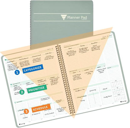 Planner Pad Spiral Bound July 2026 – June 2027 / Academic Year 8 1/2" x 11" Large 3-Tier Funnel Down 12 Month/Weekly Size Organizer, Greenish Grey Cover/Soft Green Ink