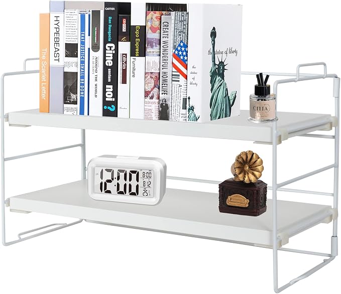 ShellKingdom Desk Shelf Organizer, 2 Tier Desktop Shelves, Adjustable Bookshelf Storage Rack and Office Cubicle Decor for Tabletop, School, Office, Dorm Organization (White)