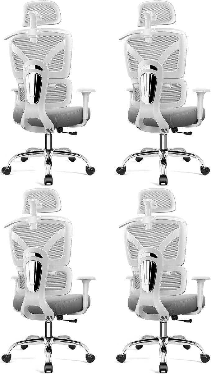 Ergonomic Office Desk Chair, High Back Mesh Office Chair with Adjustable Lumbar Support, 3D Headrest, Big and Tall Home Computer Desk Chairs Comfy for Work, Gaming, 300lbs, (Gray, 4 Pack)