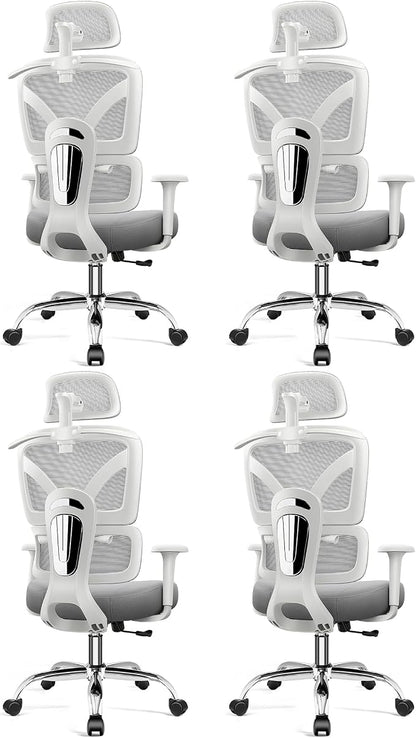 Ergonomic Office Desk Chair, High Back Mesh Office Chair with Adjustable Lumbar Support, 3D Headrest, Big and Tall Home Computer Desk Chairs Comfy for Work, Gaming, 300lbs, (Gray, 4 Pack)