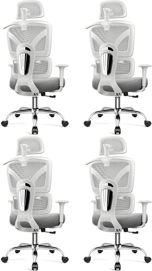Ergonomic Office Desk Chair, High Back Mesh Office Chair with Adjustable Lumbar Support, 3D Headrest, Big and Tall Home Computer Desk Chairs Comfy for Work, Gaming, 300lbs, (Gray, 4 Pack)